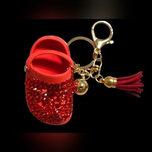Red Sequin Clog Bag Charm Keychain with Gold Accents